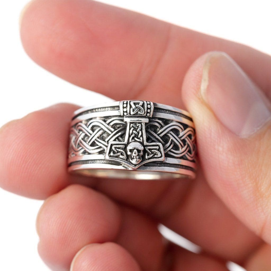 925 Sterling Silver Mjolnir and Celtic Knot Viking Ring