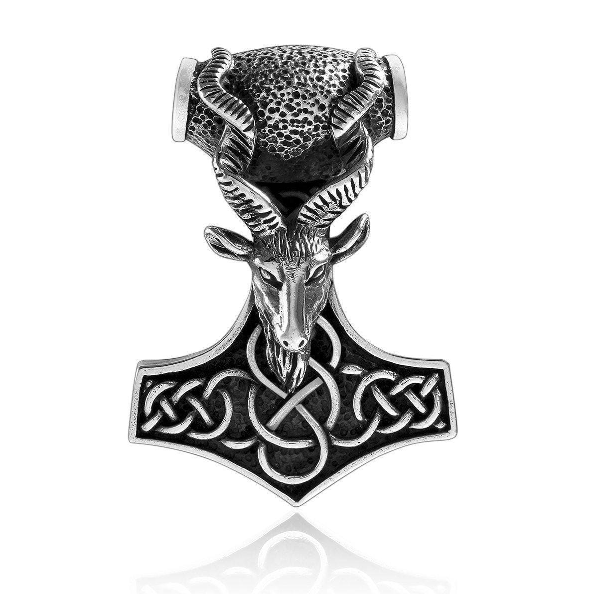 Silver Ram Head Thor's Hammer Necklace