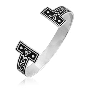 925 Sterling Silver Torc Bracelet With Runes and Triquetra-Viking Bracelet-Norse Spirit