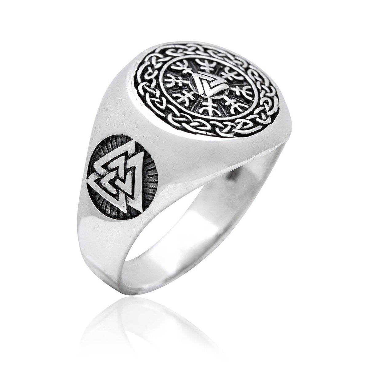 Silver Valknut and Helm of Awe Viking Ring