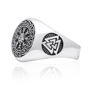 Silver Valknut and Helm of Awe Viking Ring