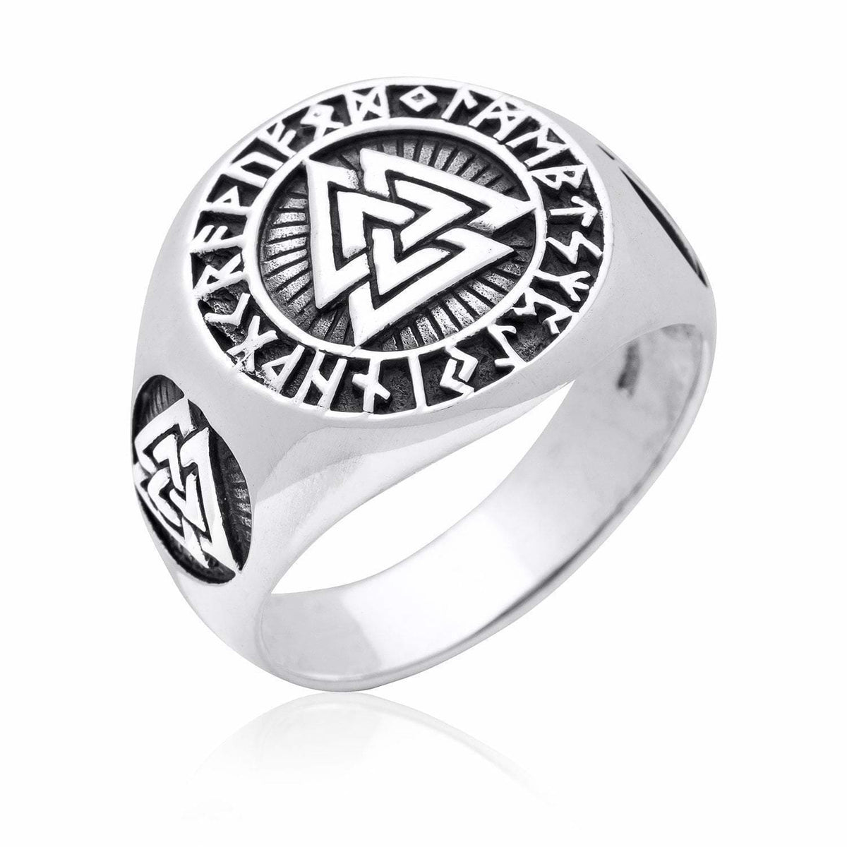 925 Sterling Silver Valknut and Runes Signet Ring - Norse Spirit