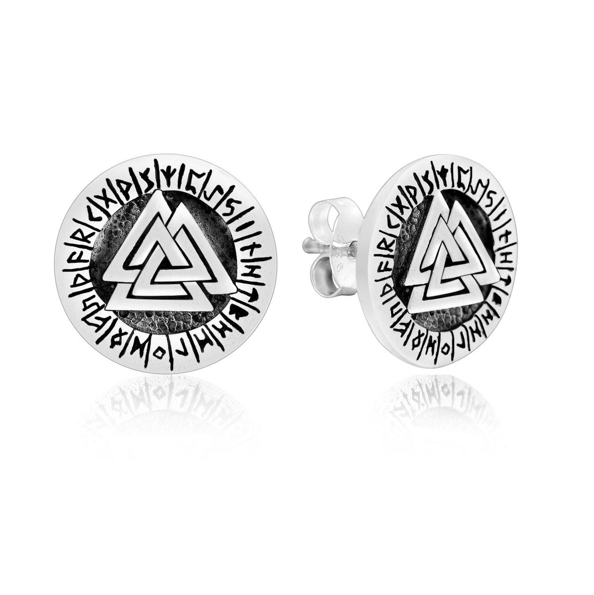 925 Sterling Silver Valknut and Runes Stud Earrings