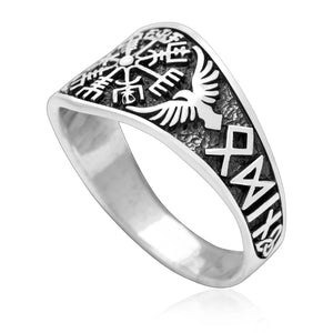 925 Sterling Silver Vegvisir and Raven Ring-Viking Ring-Norse Spirit