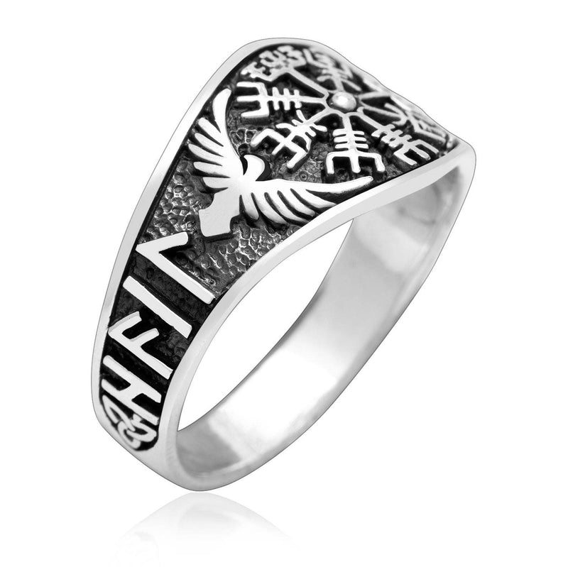 925 Sterling Silver Vegvisir and Raven Ring - Norse Spirit