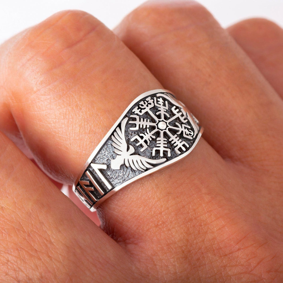 925 Sterling Silver Vegvisir and Raven Ring-Viking Ring-Norse Spirit