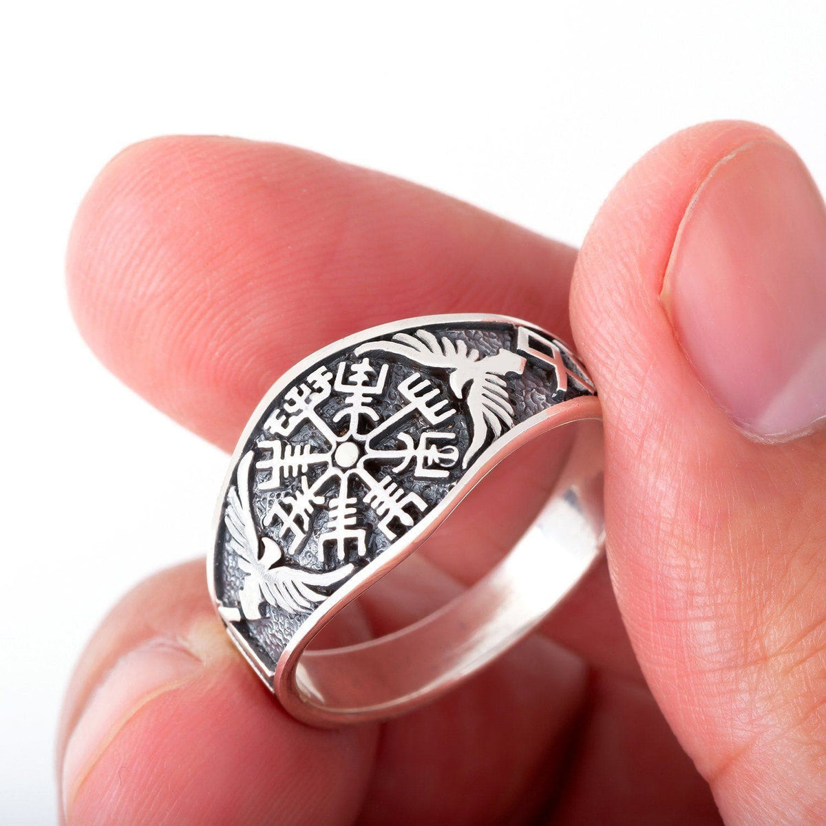 925 Sterling Silver Vegvisir and Raven Ring-Viking Ring-Norse Spirit
