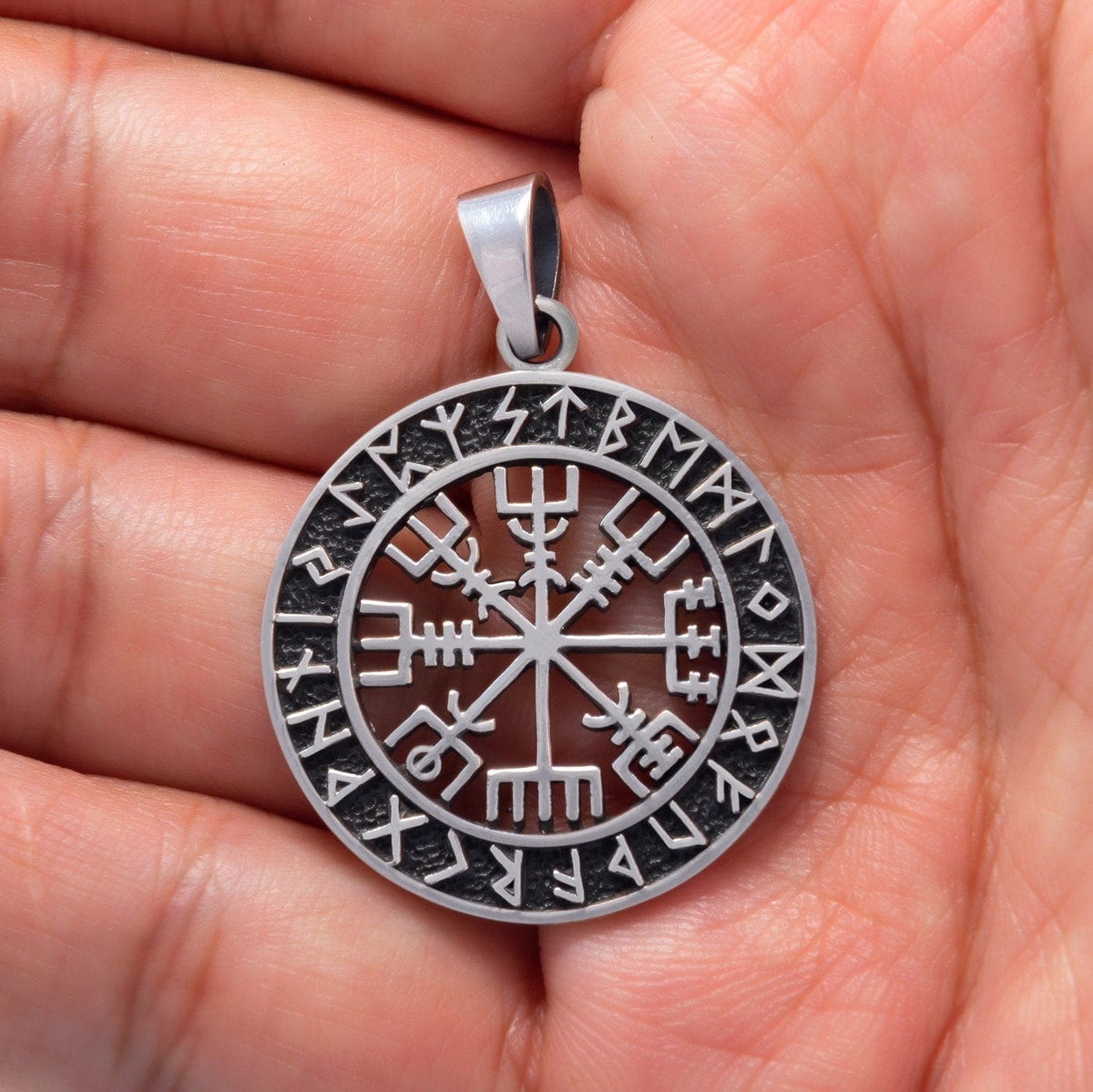 925 Sterling Silver Vegvisir and Runes Pendant Norse Spirit