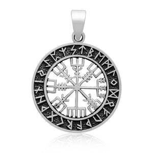 925 Sterling Silver Vegvisir and Runes Pendant-Viking Necklace-Norse Spirit