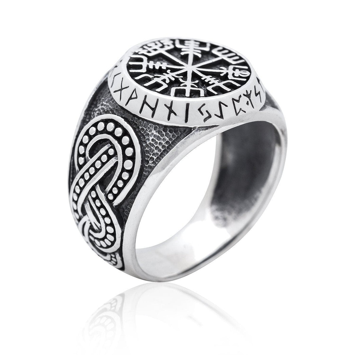 925 Sterling Silver Vegvisir Runes and Knot-work Ring - Norse Spirit
