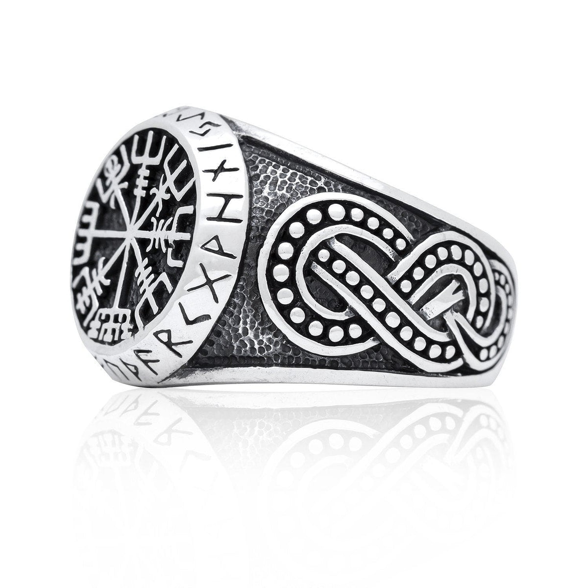 925 Sterling Silver Vegvisir Runes and Knot-work Ring - Norse Spirit