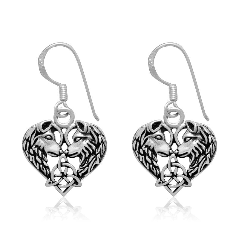 925 Sterling Silver Wolf Head Heart Earrings-Viking Earrings-Norse Spirit