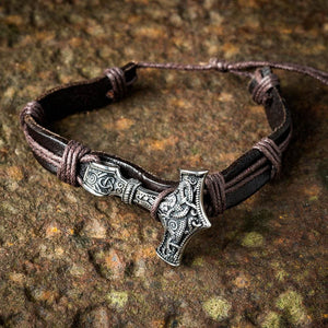 Adjustable Leather Wristband With Stainless Steel Mjolnir-Viking Bracelet-Norse Spirit