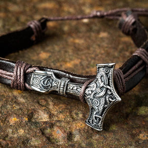 Adjustable Leather Wristband With Stainless Steel Mjolnir-Viking Bracelet-Norse Spirit