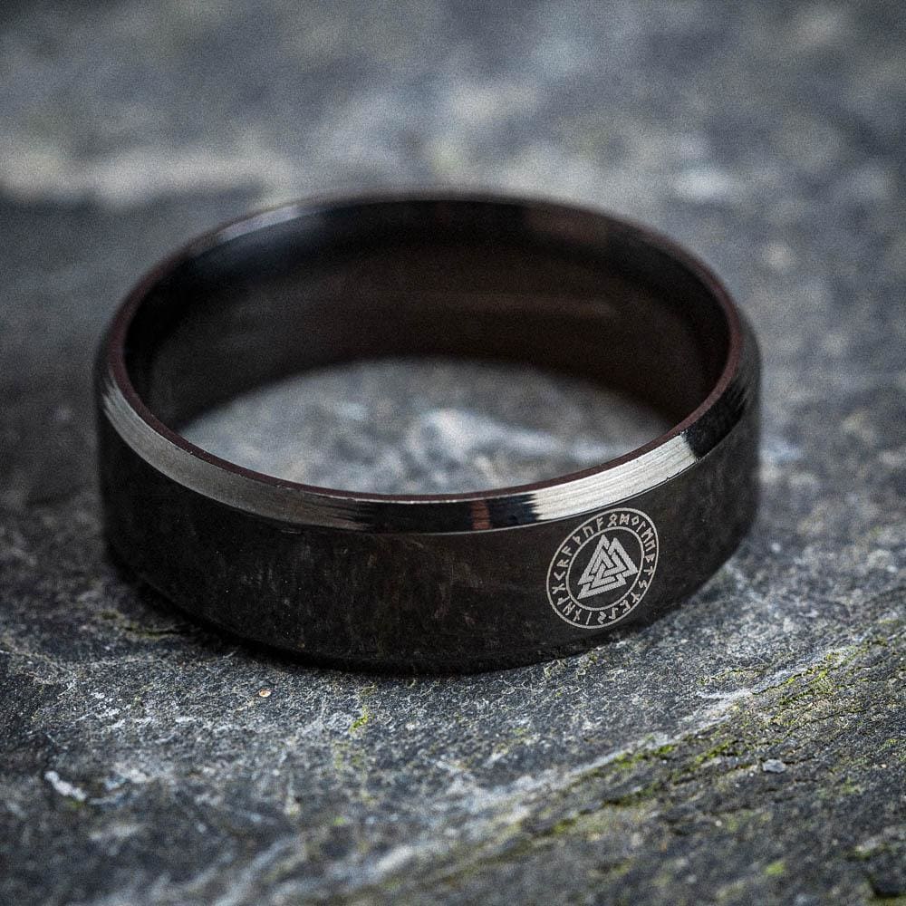 Black Stainless Steel Valknut and Rune Ring-Viking Ring-Norse Spirit