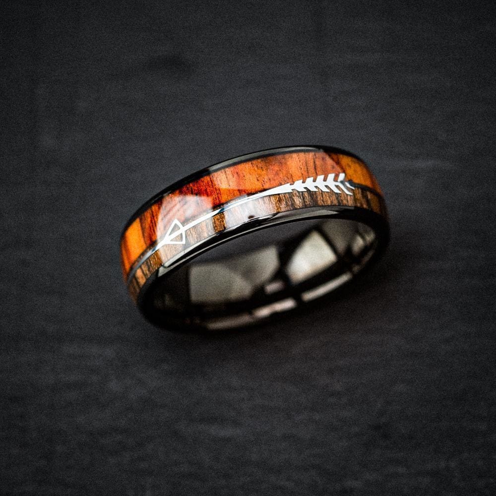 Black Tungsten Carbide Wedding Band With Wood and Arrow Inlay-Viking Ring-Norse Spirit