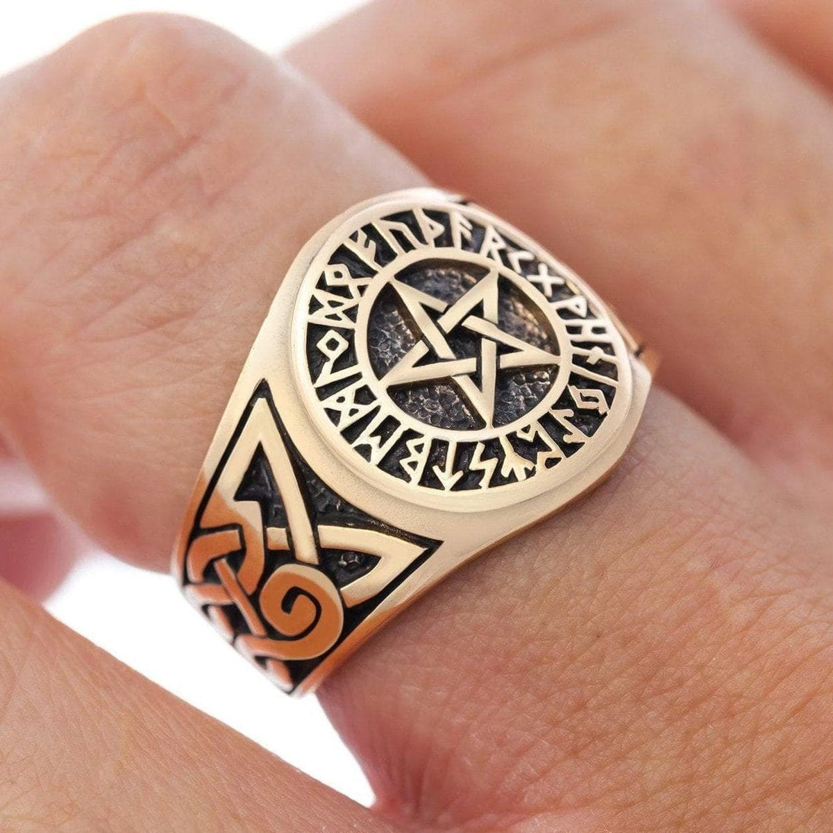 Bronze Futhark Runes and Pentagram Ring