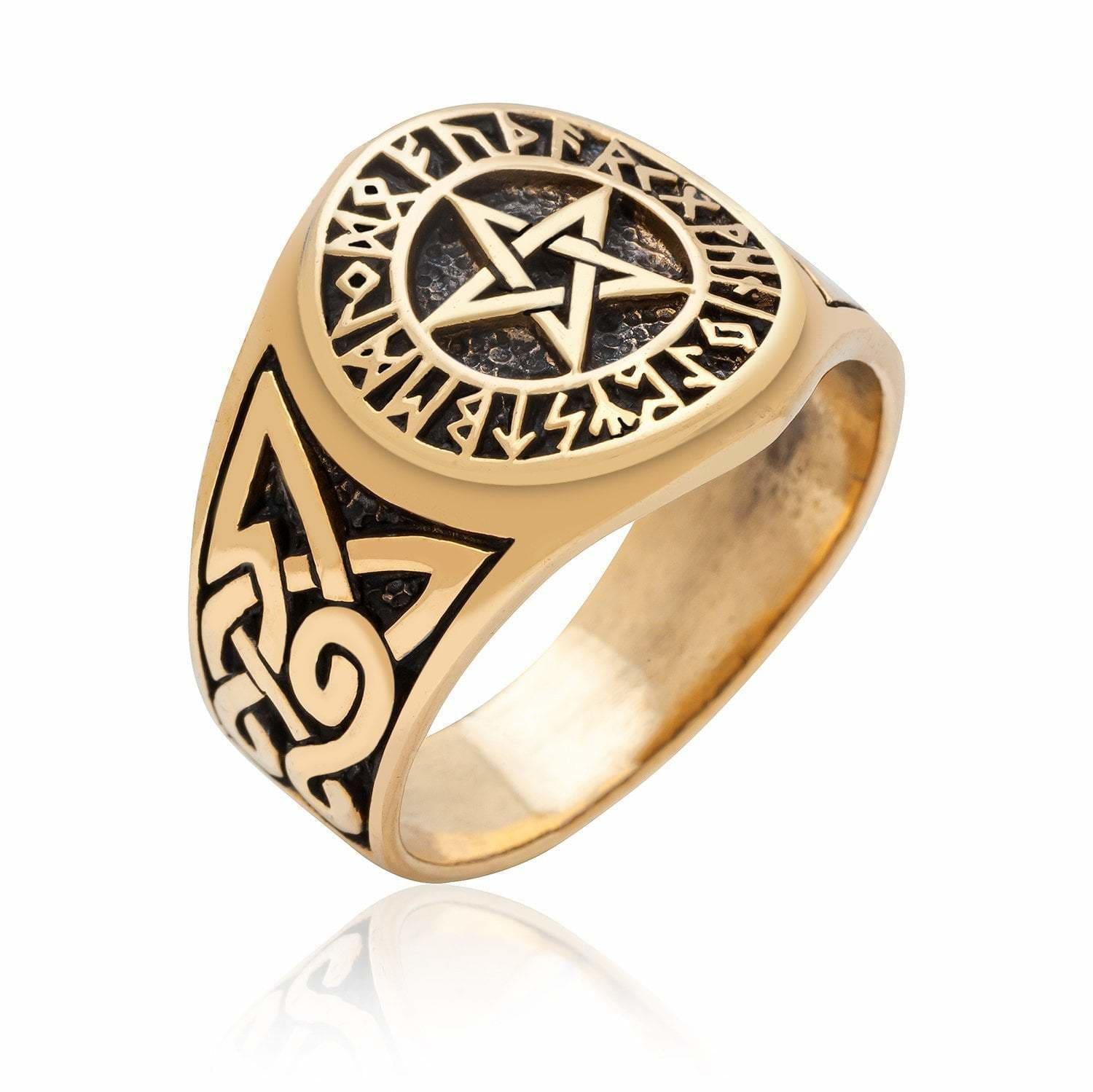 Bronze Futhark Runes and Pentagram Ring