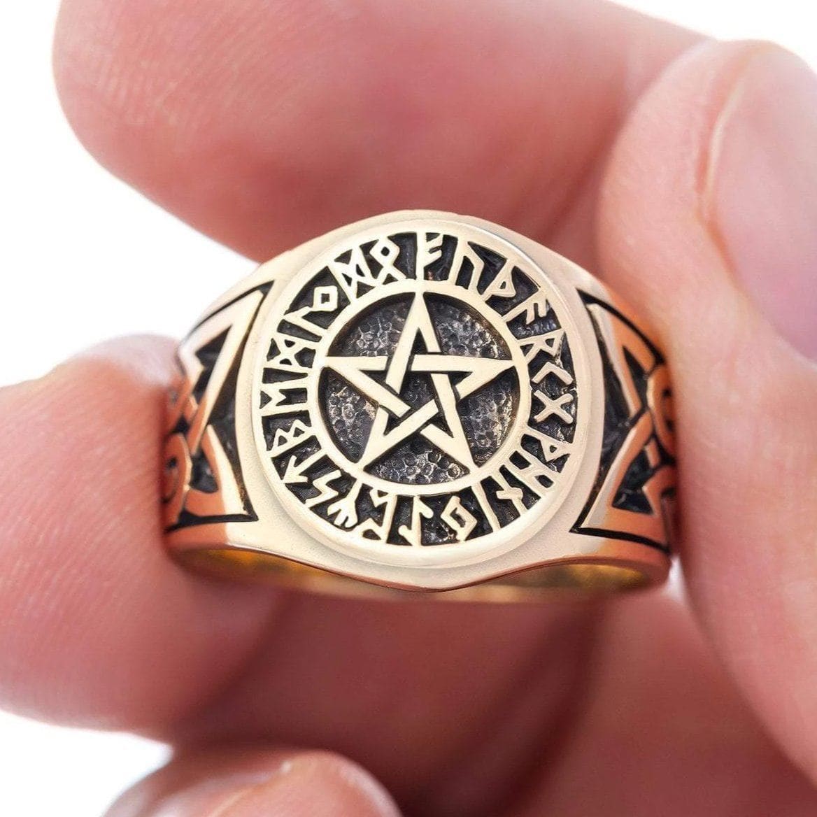Bronze Futhark Runes and Pentagram Ring