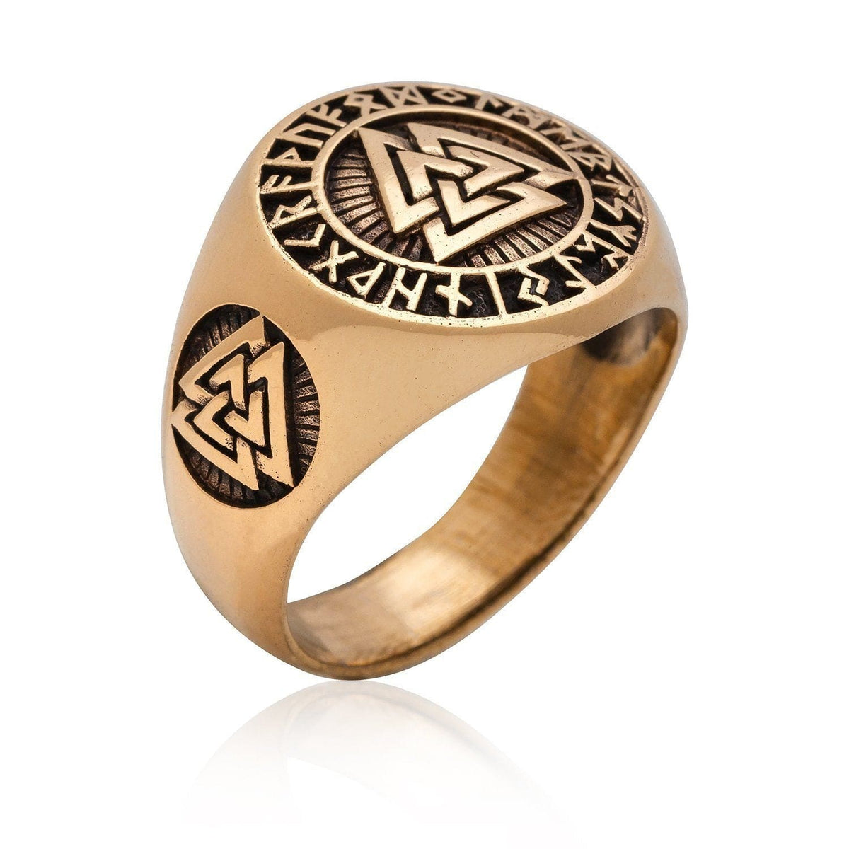 Bronze Valknut and Runes Viking Ring