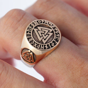 Bronze Valknut and Runes Viking Ring