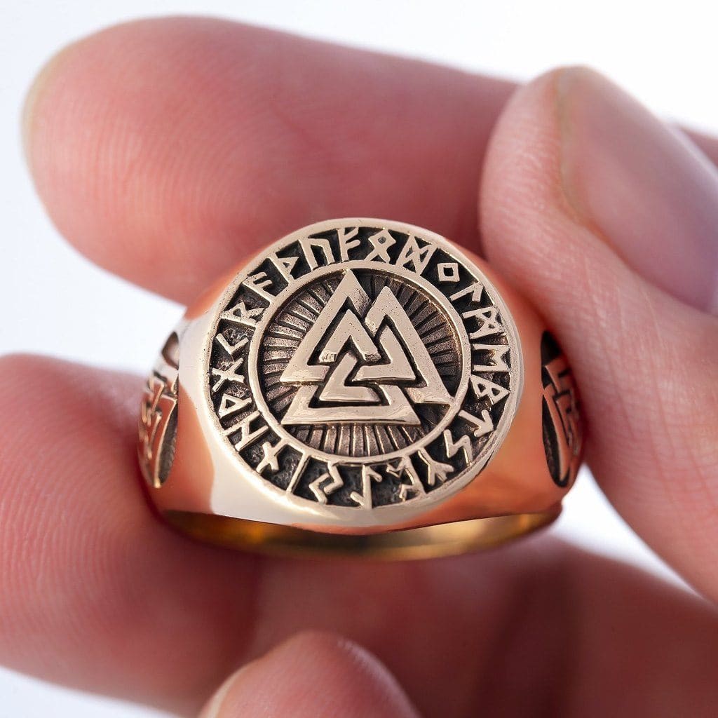 Bronze Valknut and Runes Viking Ring
