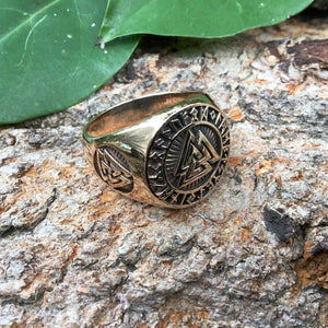 Bronze Valknut and Runes Viking Ring