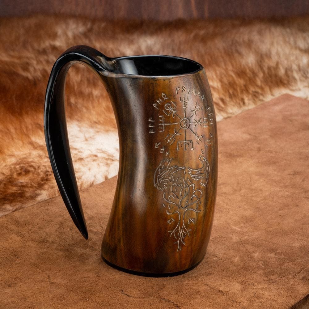 Burnt Horn Mug With Vegvisir, Raven And Tree of Life Engravings-Viking Drinking Horns and Mugs-Norse Spirit