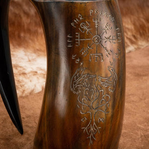 Burnt Horn Mug With Vegvisir, Raven And Tree of Life Engravings-Viking Drinking Horns and Mugs-Norse Spirit