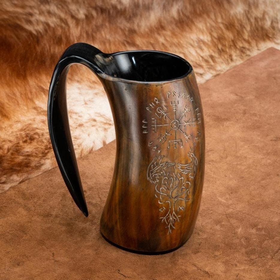 Burnt Horn Mug With Vegvisir, Raven And Tree of Life Engravings-Viking Drinking Horns and Mugs-Norse Spirit