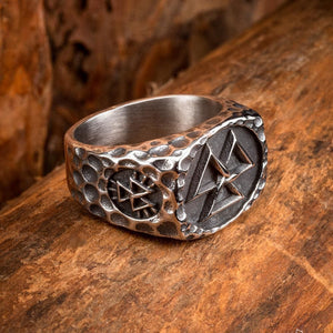 Chunky Stainless Steel Valknut Ring With Hidden Helm of Awe-Viking Ring-Norse Spirit