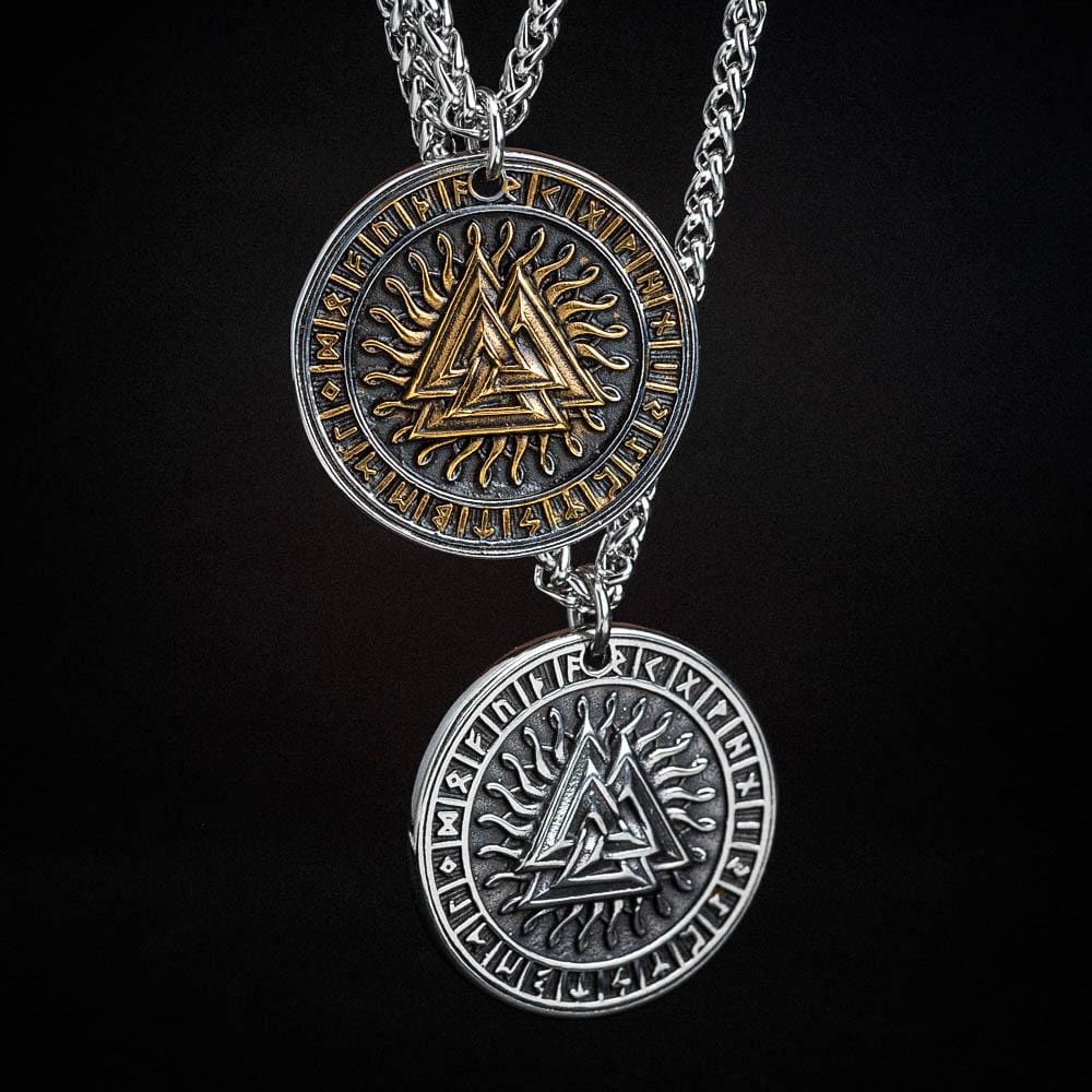 Circular Stainless Steel Valknut and Runes Pendant-Viking Necklace-Norse Spirit