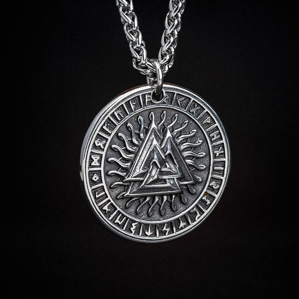 Circular Stainless Steel Valknut and Runes Pendant-Viking Necklace-Norse Spirit