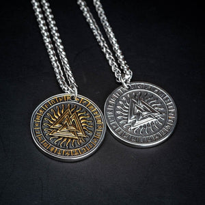 Circular Stainless Steel Valknut and Runes Pendant-Viking Necklace-Norse Spirit