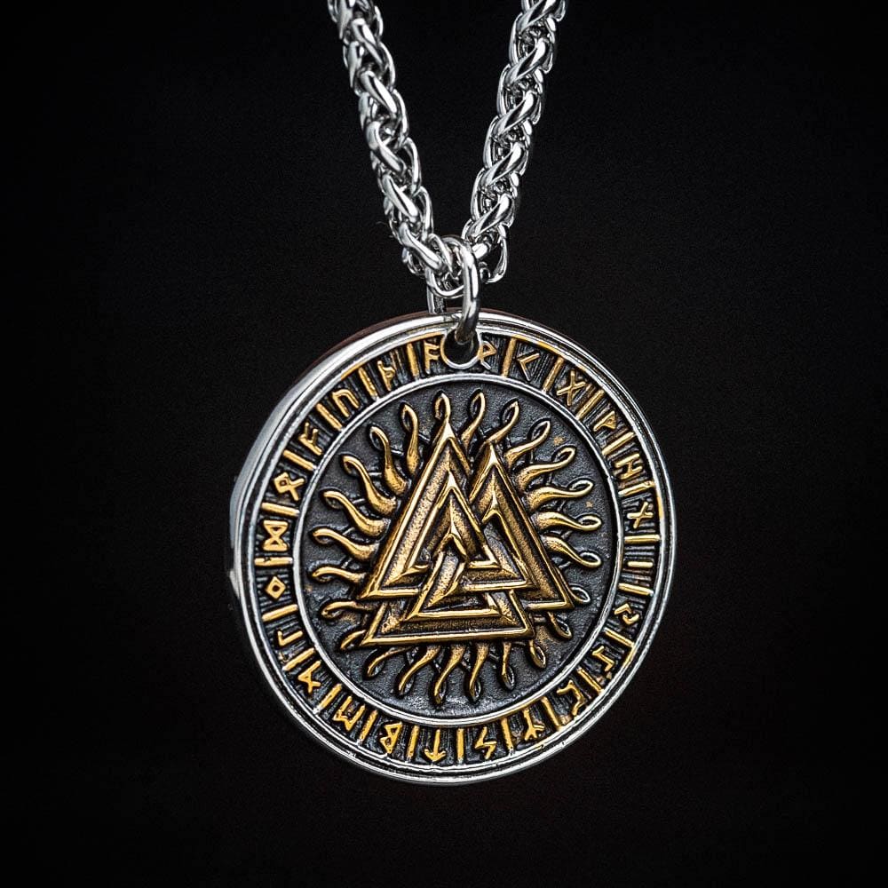 Circular Stainless Steel Valknut and Runes Pendant-Viking Necklace-Norse Spirit