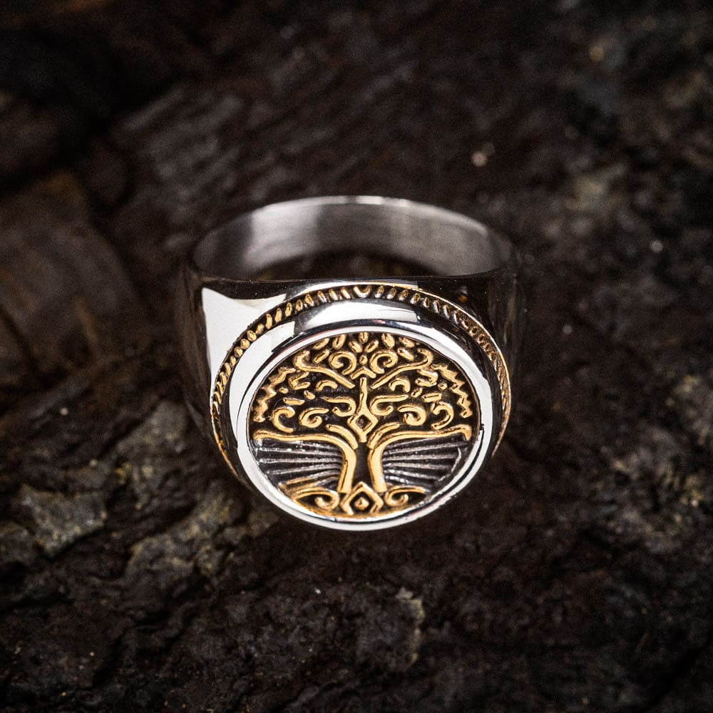 Dual Color Circular Stainless Steel Tree of Life Ring-Viking Ring-Norse Spirit