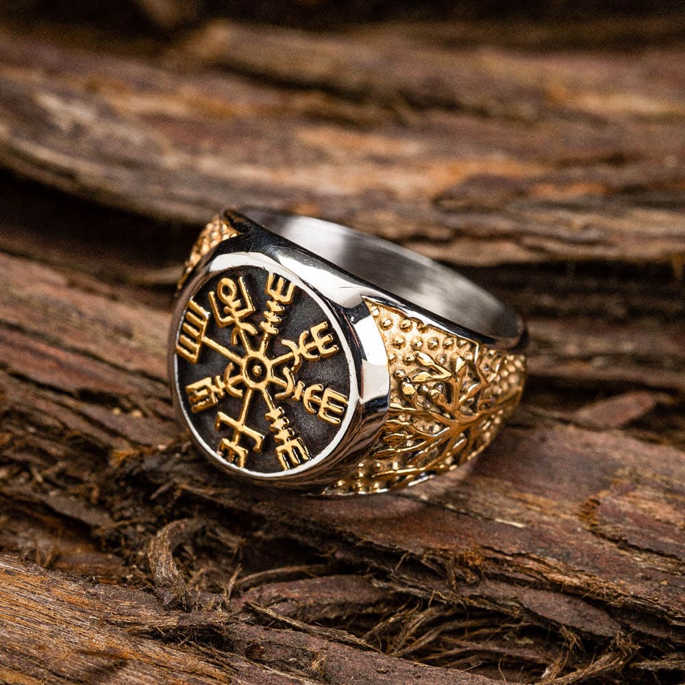 Dual Color Circular Stainless Steel Vegvisir Ring-Viking Ring-Norse Spirit
