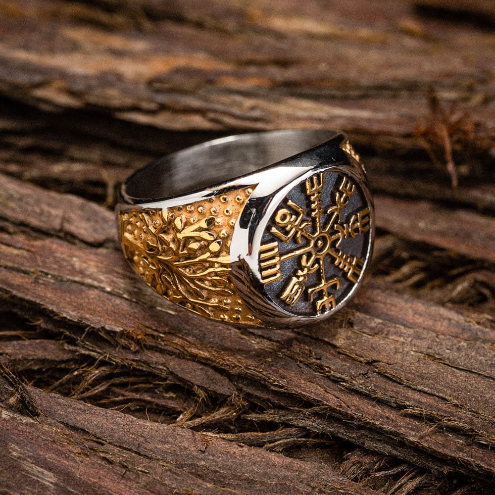 Dual Color Circular Stainless Steel Vegvisir Ring-Viking Ring-Norse Spirit