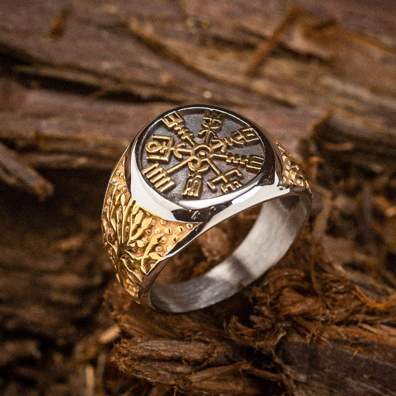 Dual Color Circular Stainless Steel Vegvisir Ring - Norse Spirit