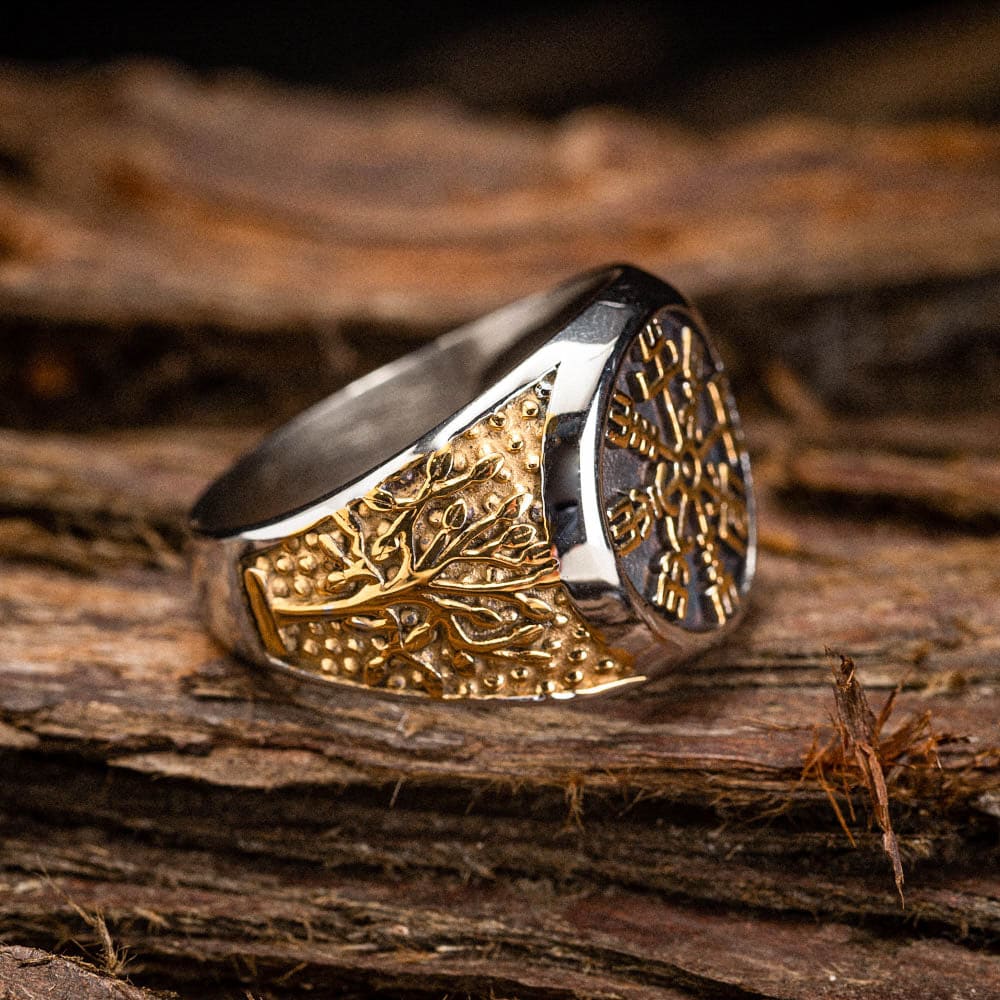 Dual Color Circular Stainless Steel Vegvisir Ring-Viking Ring-Norse Spirit