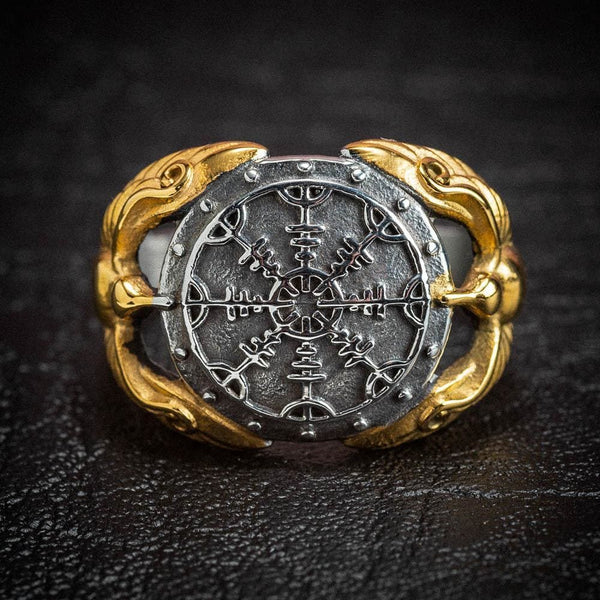 Dual Raven Rings Dual Color Stainless Steel Raven & Helm of Awe Ring - Norse Spirit