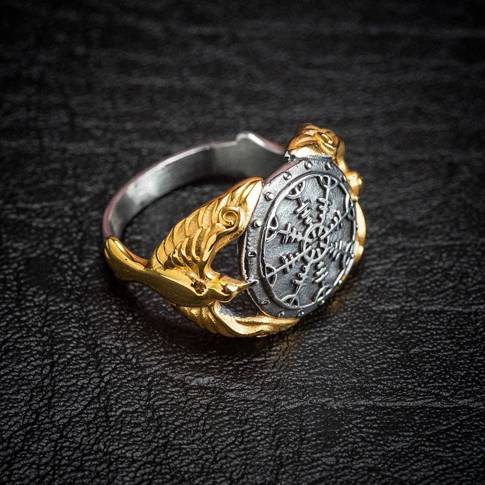 Dual Color Stainless Steel Raven & Helm of Awe Ring-Viking Ring-Norse Spirit