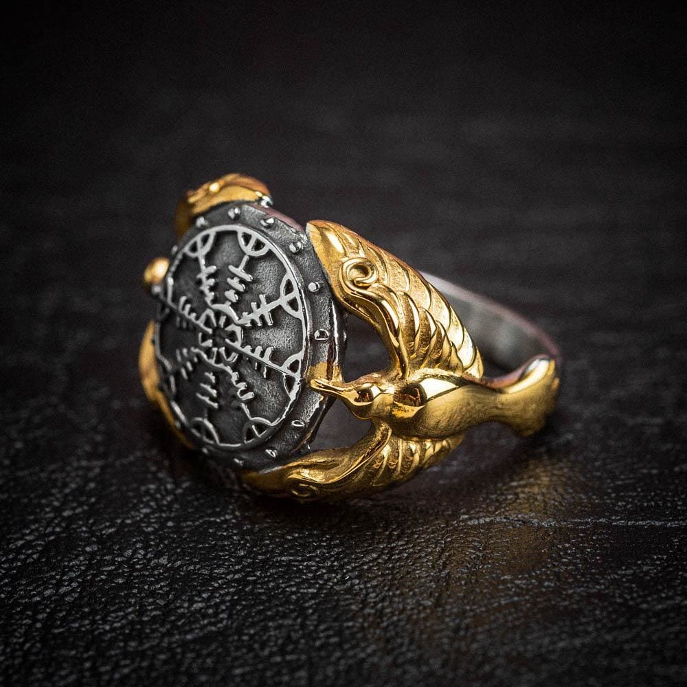 Dual Color Stainless Steel Raven & Helm of Awe Ring-Viking Ring-Norse Spirit