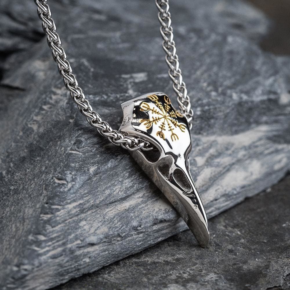 Dual Color Stainless Steel Raven Skull and Helm of Awe Pendant-Viking Necklace-Norse Spirit