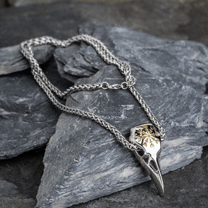 Dual Color Stainless Steel Raven Skull and Helm of Awe Pendant-Viking Necklace-Norse Spirit