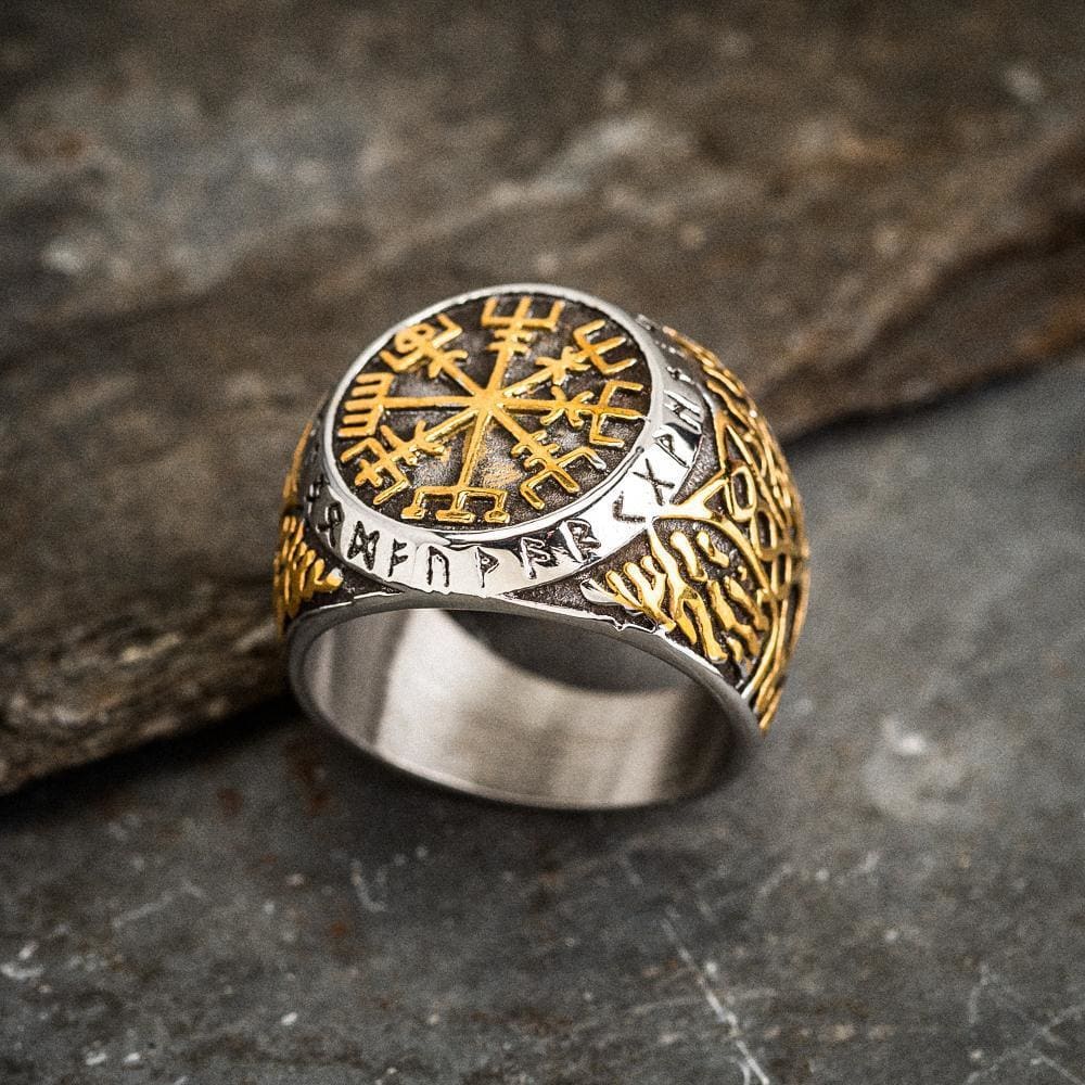 Dual Color Vegvisir and Runes Ring-Viking Ring-Norse Spirit