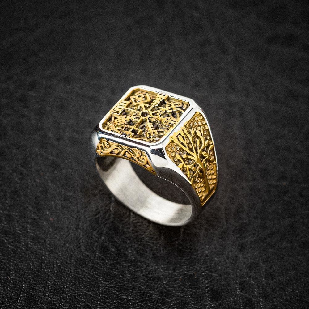 Dual Color Vegvisir and Tree of Life Ring-Viking Ring-Norse Spirit