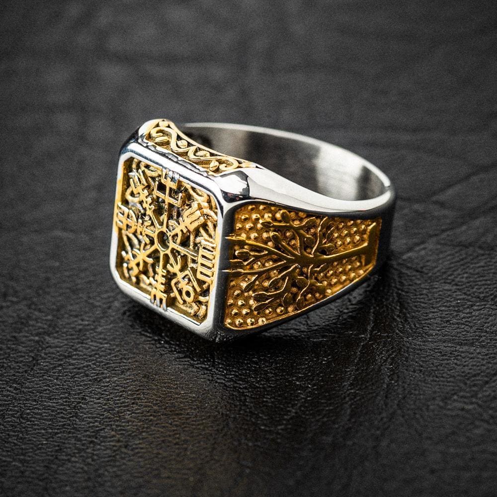 Dual Color Vegvisir and Tree of Life Ring-Viking Ring-Norse Spirit