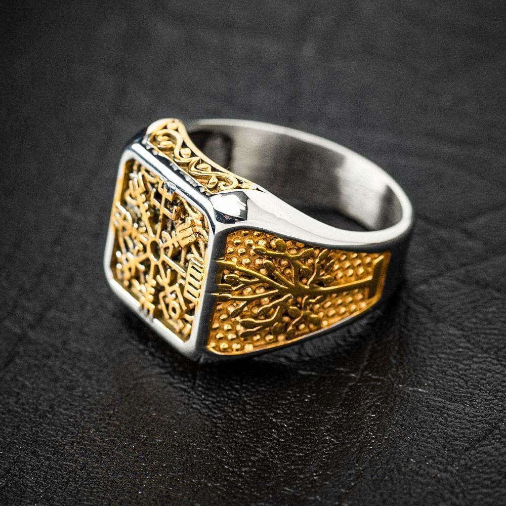 Dual Color Vegvisir and Tree of Life Ring-Viking Ring-Norse Spirit