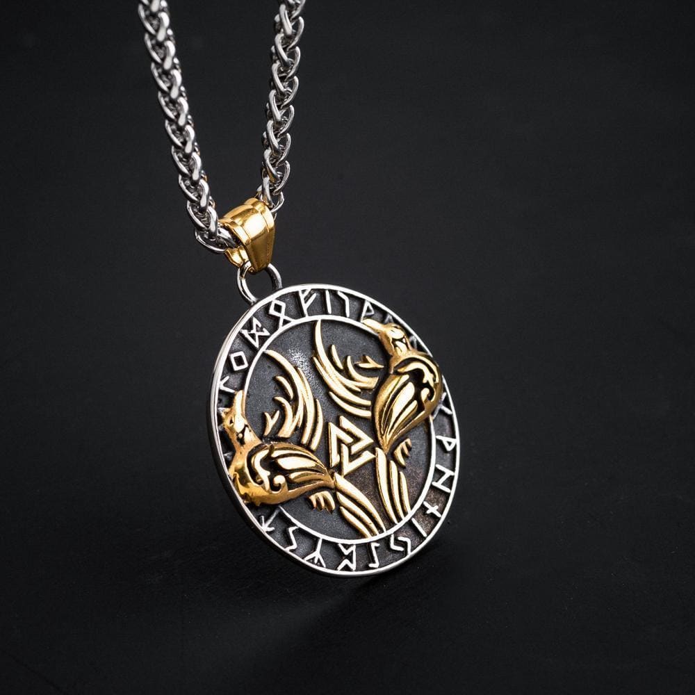 Dual Colored Stainless Steel Circular Huggin & Muginn Necklace-Viking Necklace-Norse Spirit